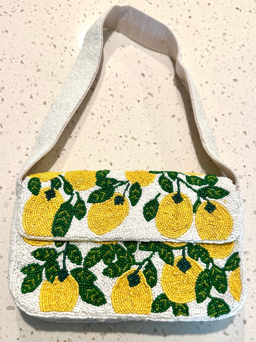 Sincerely Jules Beaded Lemon Print Shoulder Bag - White & Yellow